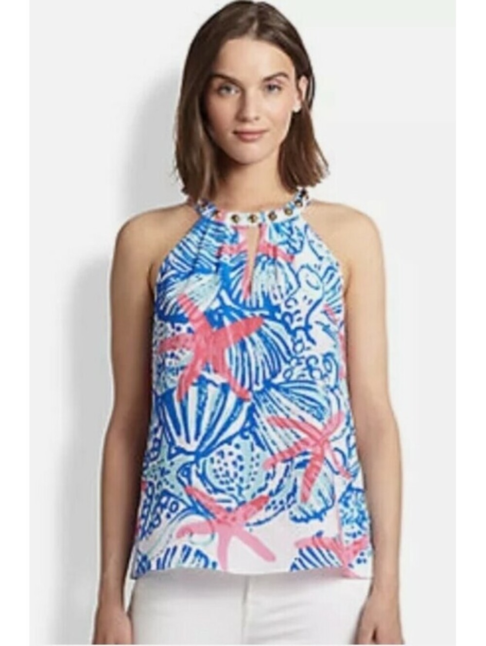 Lilly Pulitzer Rogan XS Resort White She She Shells Silk Top Starfish